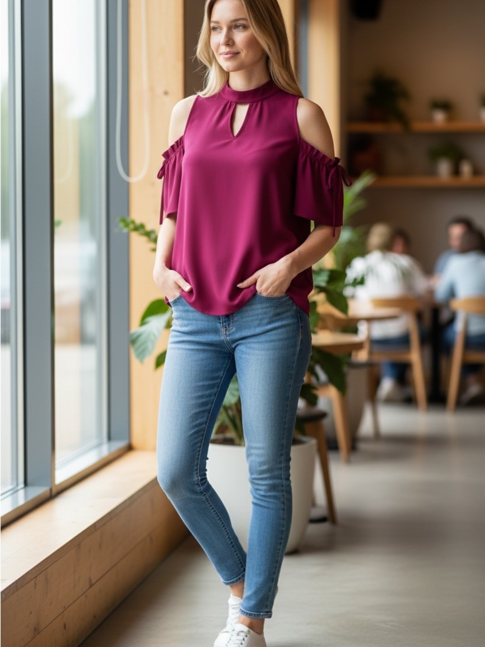 Skies Are Blue Magenta Cold-Shoulder Keyhole Blouse